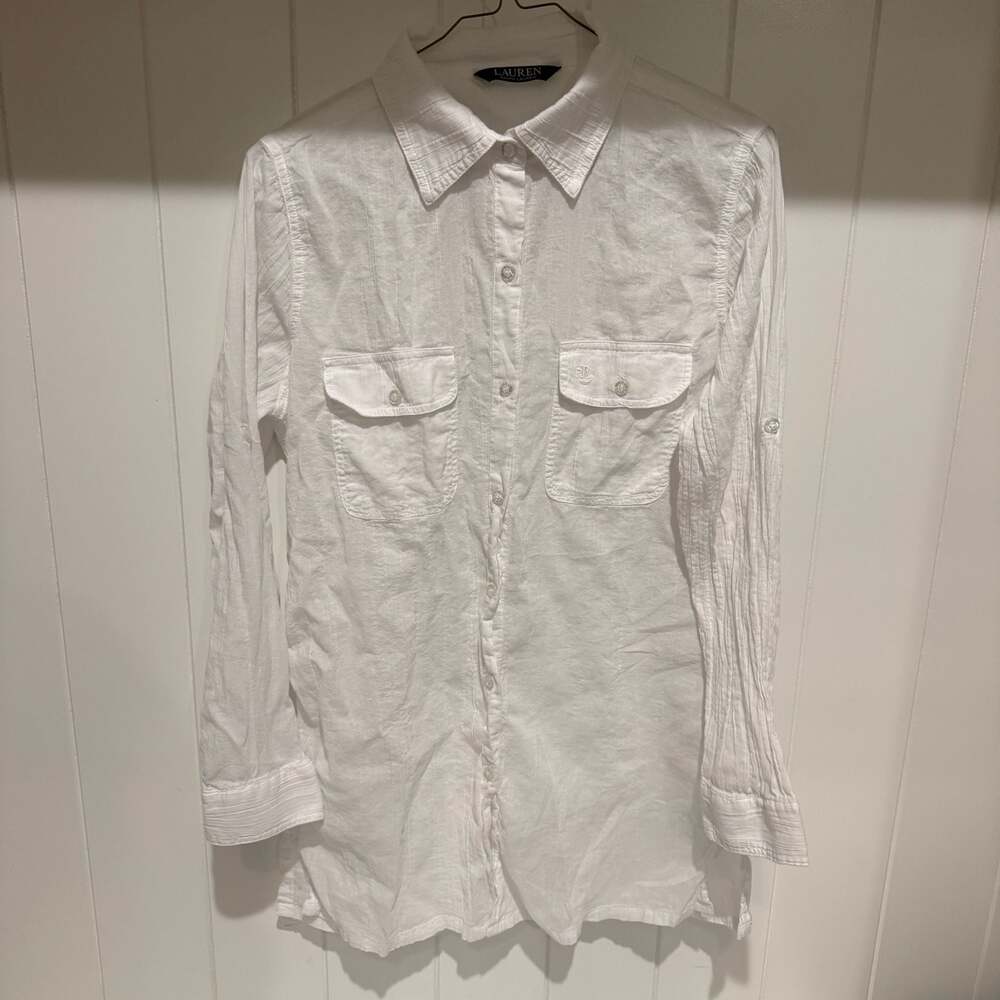 Lauren Ralph Lauren Crushed Cotton Camp Shirt Swim Cover-Up White